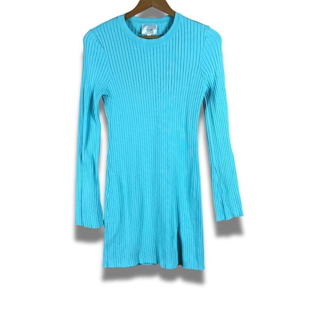 Line & Dot Long Sleeve Ribbed Lana Sweater Mini Dress Sky Blue LARGE - Picture 2 of 6